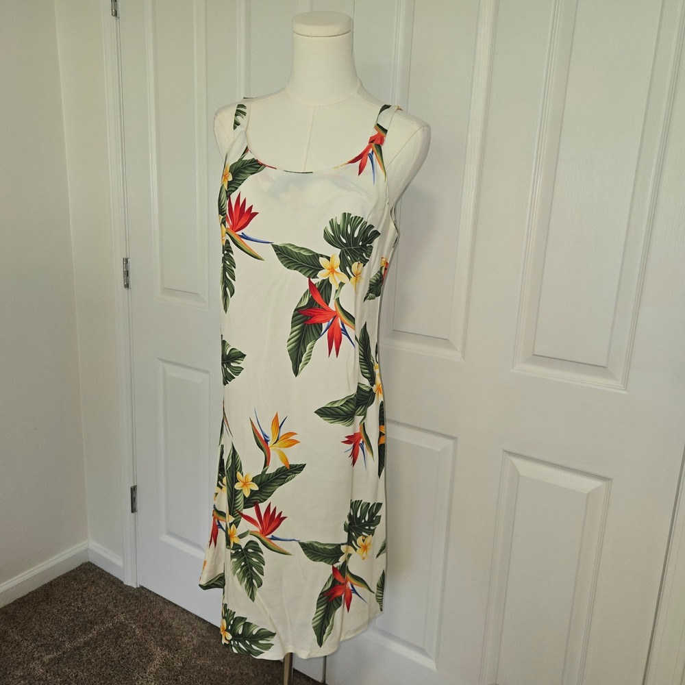 Puanani Tropical Floral Midi Dress Womens Medium Cream Hawaiian Bird of Paradise